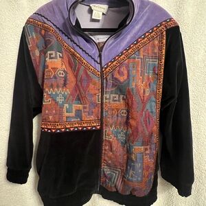Oleg Cassini Black Velvet Bomber with Multicolor Aztec Panels Vintage